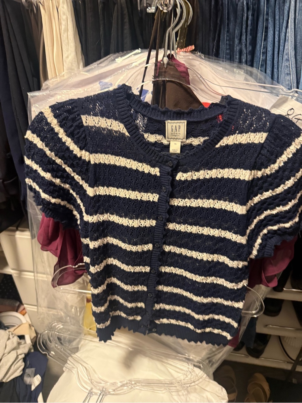GAP x Doen Navy and Cream Striped Open-Knit Button Cardigan